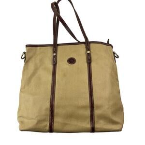 La Poet Canvas/Leather Tote Zip Shut Tan & Brown GUC